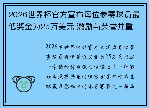 2026世界杯官方宣布每位参赛球员最低奖金为25万美元 激励与荣誉并重