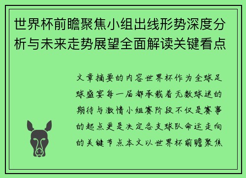世界杯前瞻聚焦小组出线形势深度分析与未来走势展望全面解读关键看点