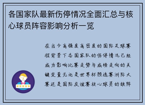 各国家队最新伤停情况全面汇总与核心球员阵容影响分析一览